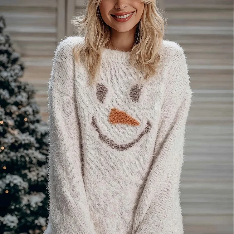 Christmas Snowman Face Embroidered Cozy Sweater Dress