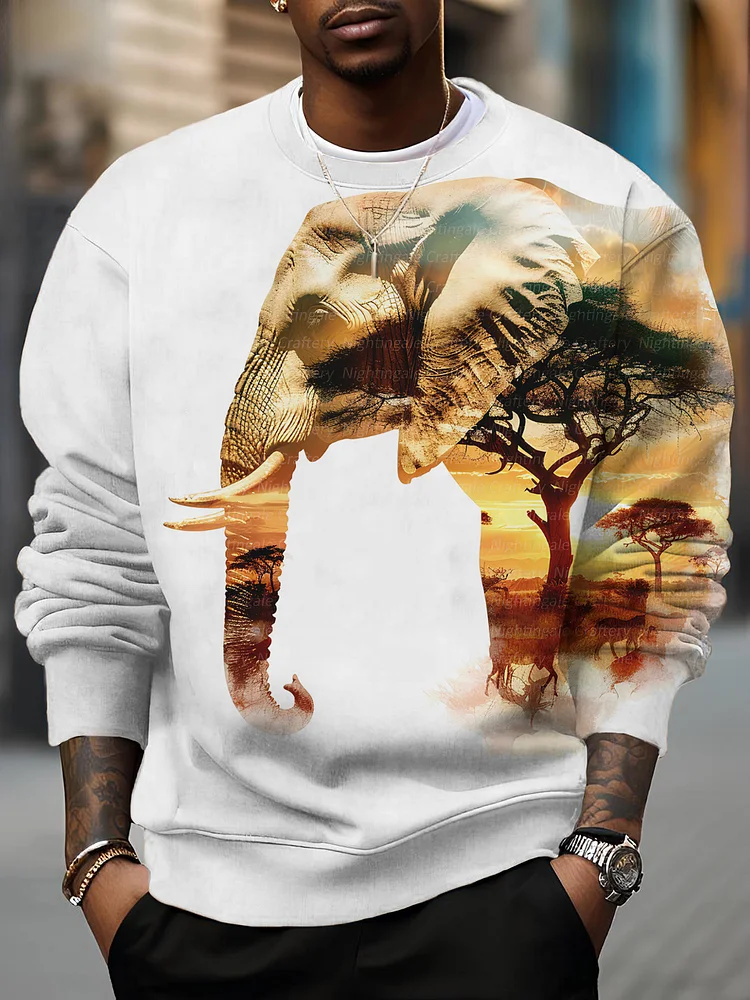 Men's African Art Elephant Silhouette Vintage Print Casual Sweatshirt