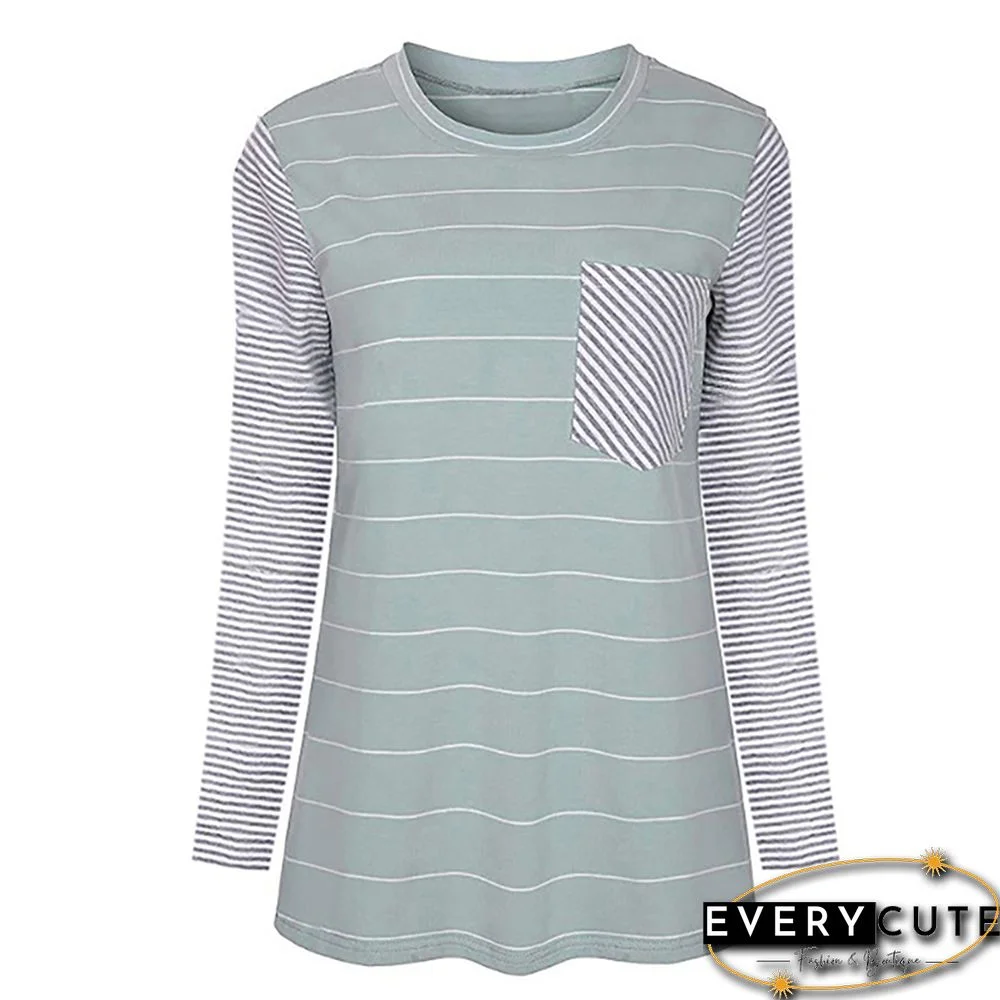 Light Green Striped Contrast Color Long Sleeve T-Shirt with Pocket