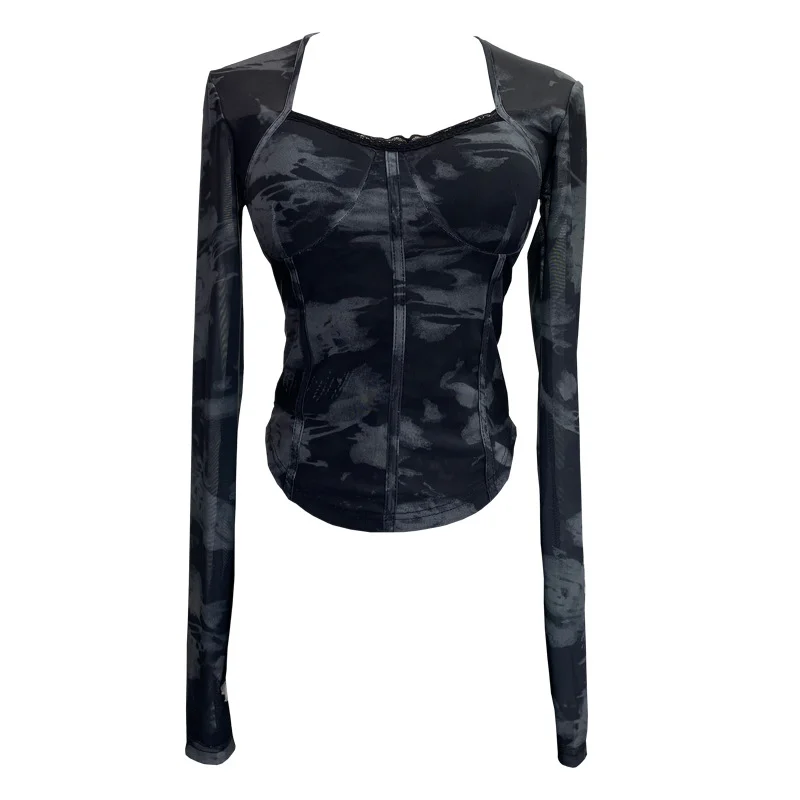 Uveng Quality Explosion Fang Lace Splicing Tie-Dye Mesh Long Sleeve Tight Babes With Chest Pads Short Top 1386