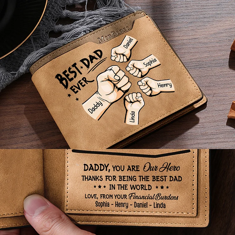 5 Names - Personalized Fist Bump Pattern Custom Text Leather Men's Wallet as a Father's Day Gift for Dad