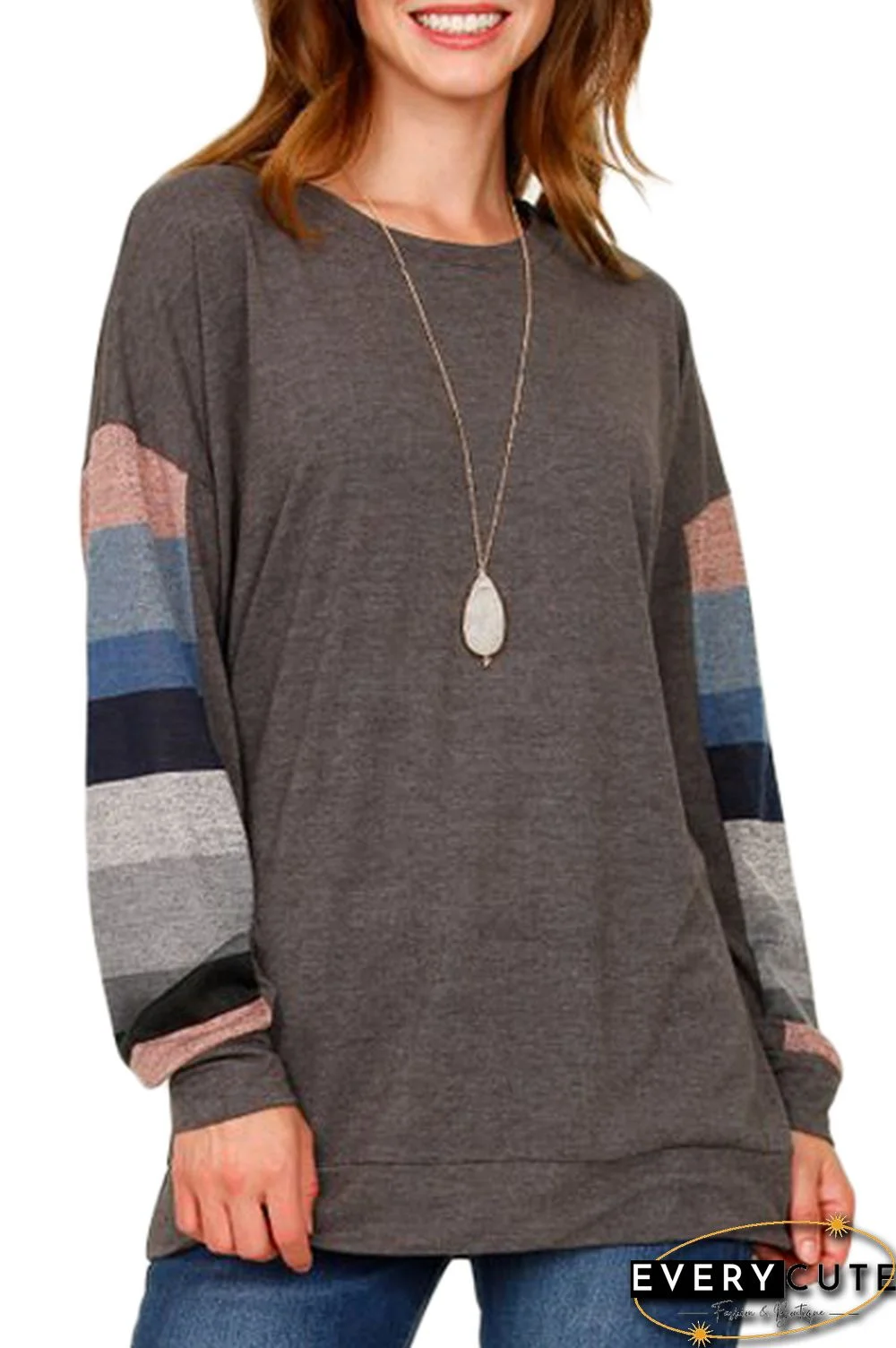 Multicolor Striped Contrast Sleeve Brown Sweatshirt