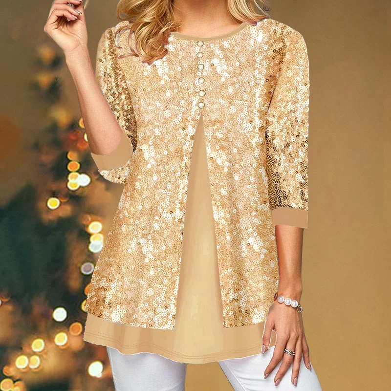 Fashion Buttons Glittering Sequins Casual Long Sleeves Tunic Tops