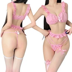 pornhint Pornhint Frilly Pink Black Lingerie Set Women's Ribbon Bow Stockings Thong Japanese Lolita Bikini Apron Y2K Aesthetic Cute Matching BDSM Sexy Costume