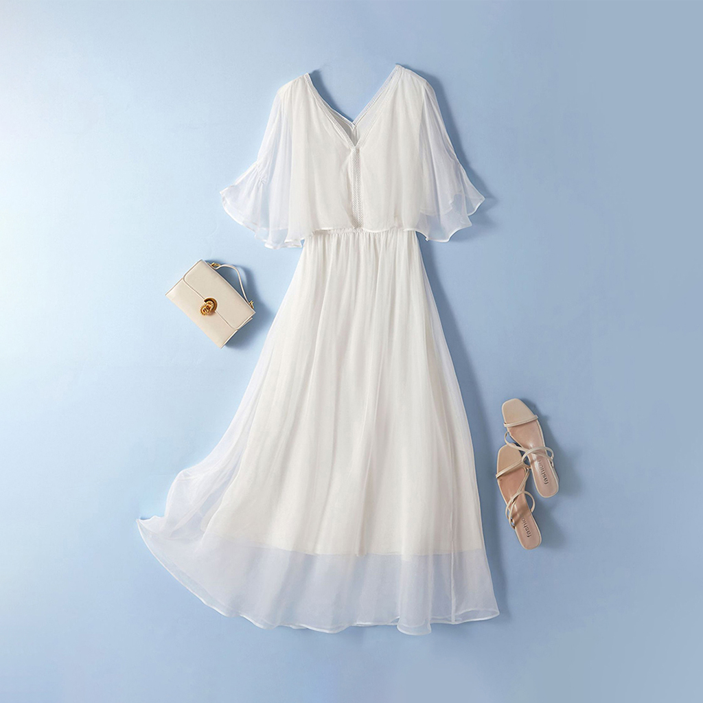 Ruffle Short Sleeves Silk Dress for Vacation REAL SILK LIFE