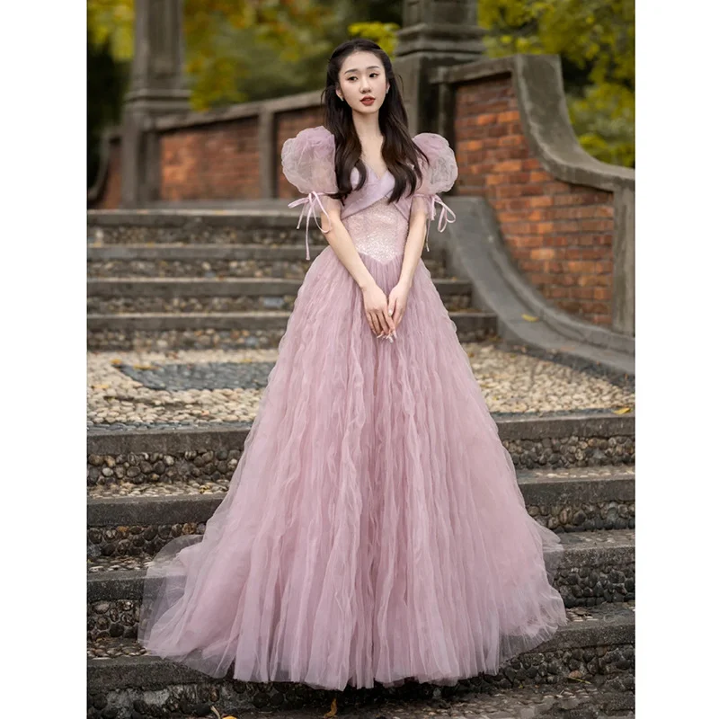 Zingj Pink Evening Dress Women's 2025 New Light Luxury Small Adult Lisson Princess Dress Bubble Sleeves