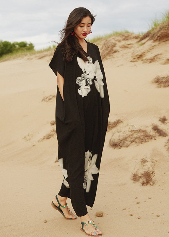 VCSHOES Loose Black V Neck Print Cotton Vacation Long Dresses Summer