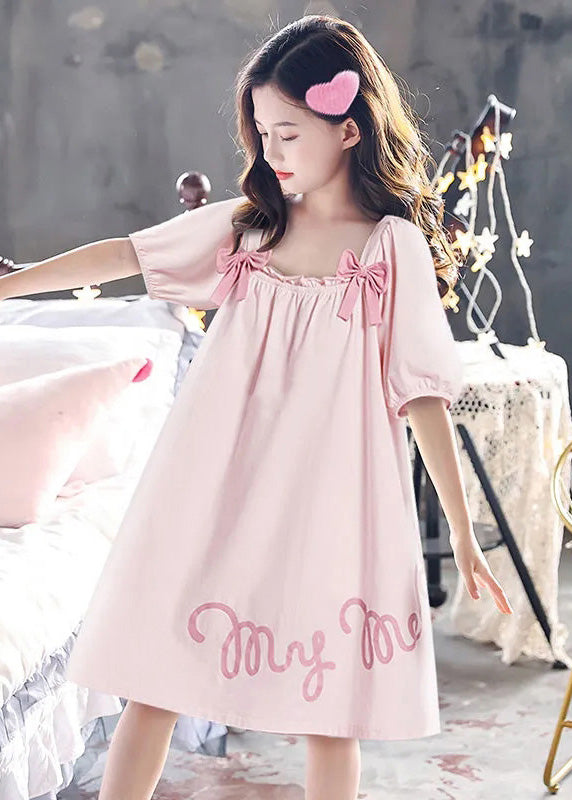 VCSHOES Pink Wrinkled Graphic Bow Cotton Girls Maxi Dress Short Sleeve