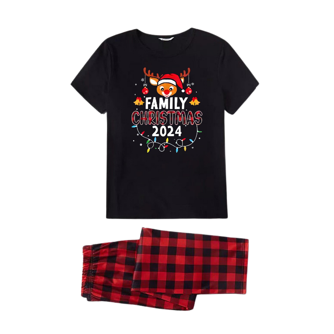 "Family Christmas 2024" with Elk Pattern- Black Short Sleeve with Red & Black Plaid Pant Family Matching Pajamas