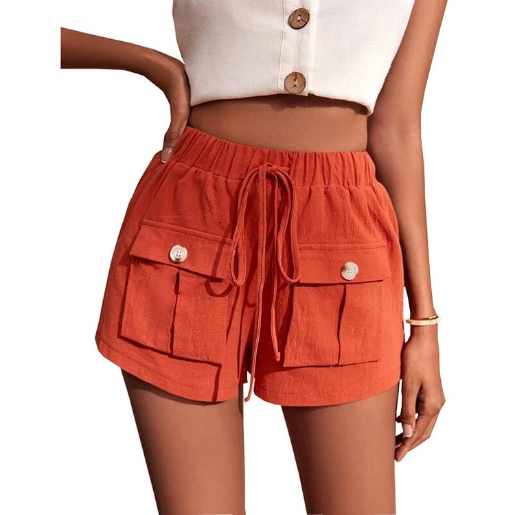 Summer Loose Pocket Chic Shorts Women New Mid Waist Casual Wide Leg All-match Beach Short Pants With Drawstring