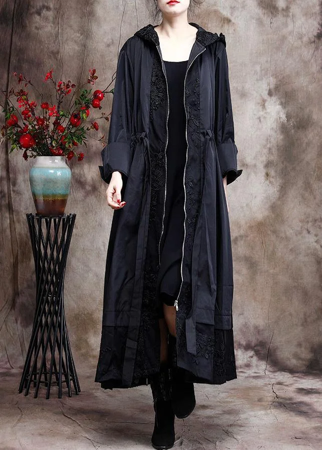 Italian Black Embroidery Plus Size Coat Hooded Maxi Coats