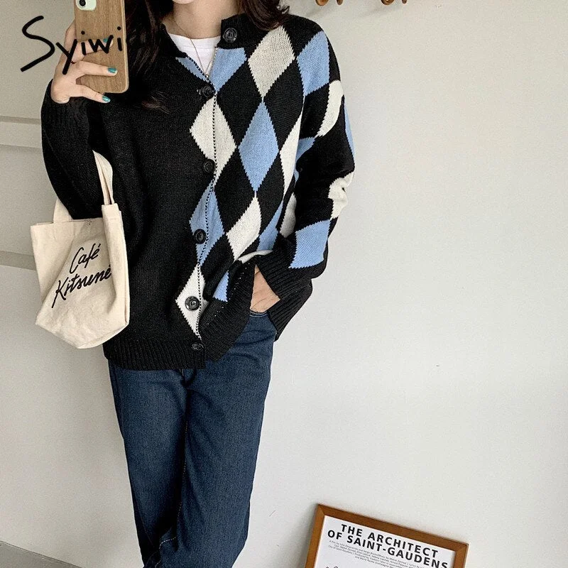 Syiwidii Vintage Oversized Cardigan Women Argyle Sweater Patchwork Black Jackets Autumn Winter 2021 Casual Fashion Loose Coats