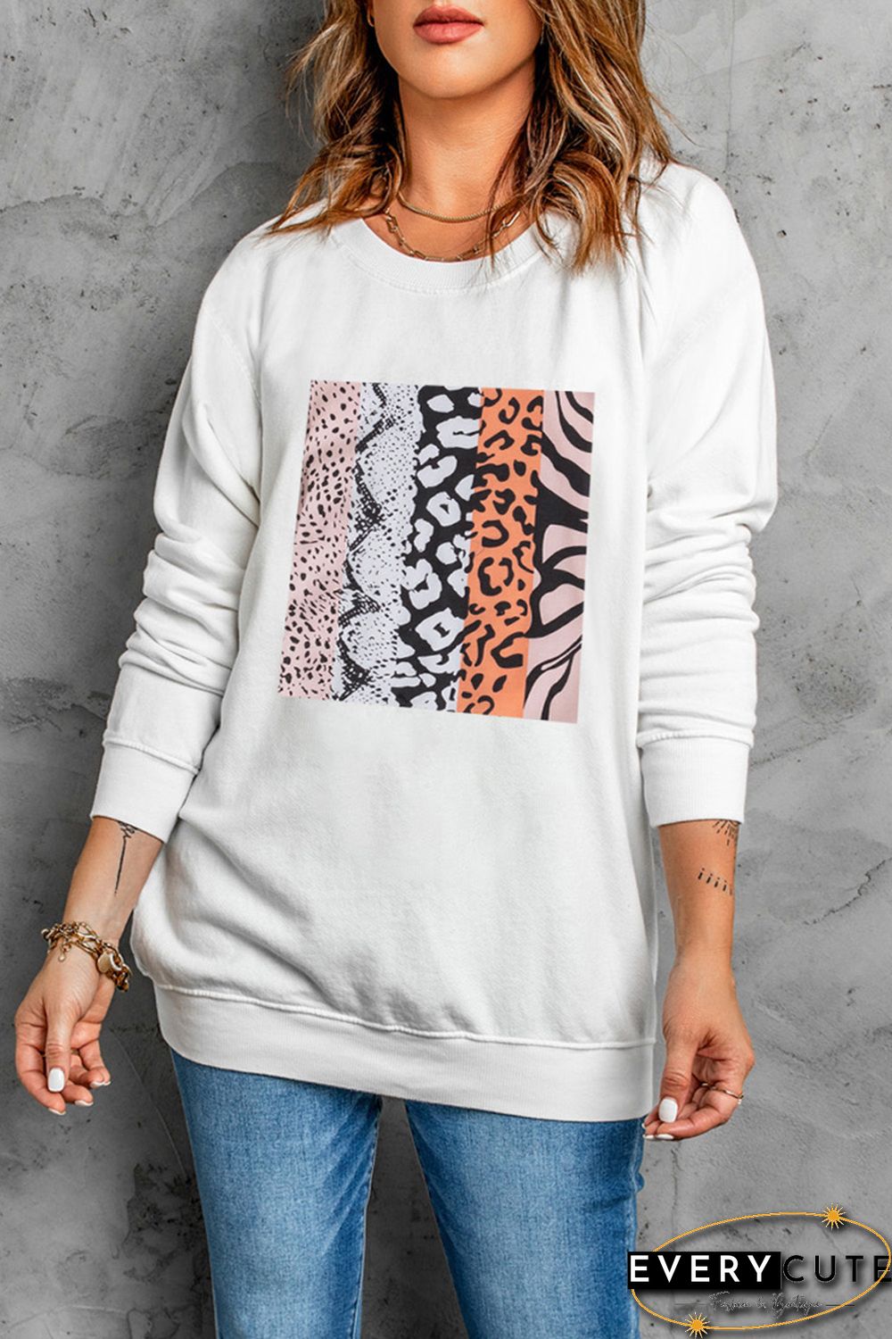 White Leopard Snakeskin Zebra Patchwork Long Sleeve Sweatshirt