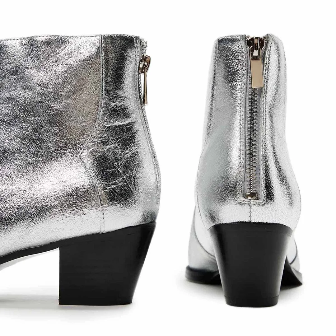 Silver Snip Toe Vegan Leather Back-Zip Ankle Boots with Block Heel