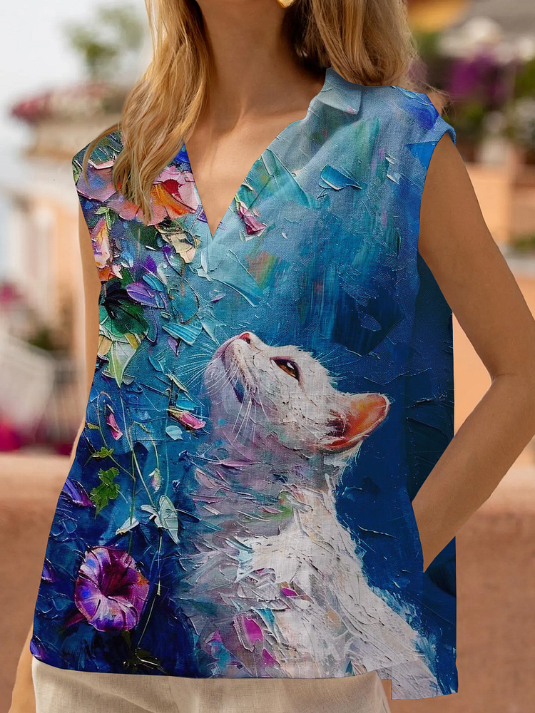 Cat Art Print Cotton and Linen Tops