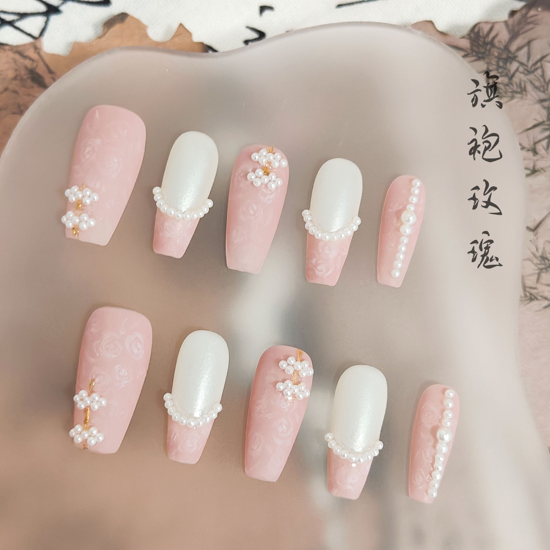 Hand-Painted Rose Cheongsam French Nails