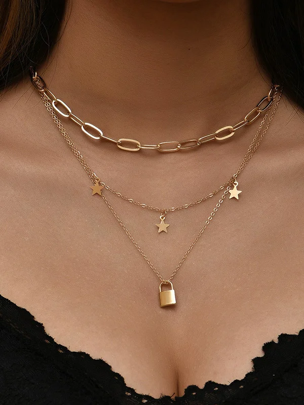 3Chains Star+Lock Pendant Fashion Necklace