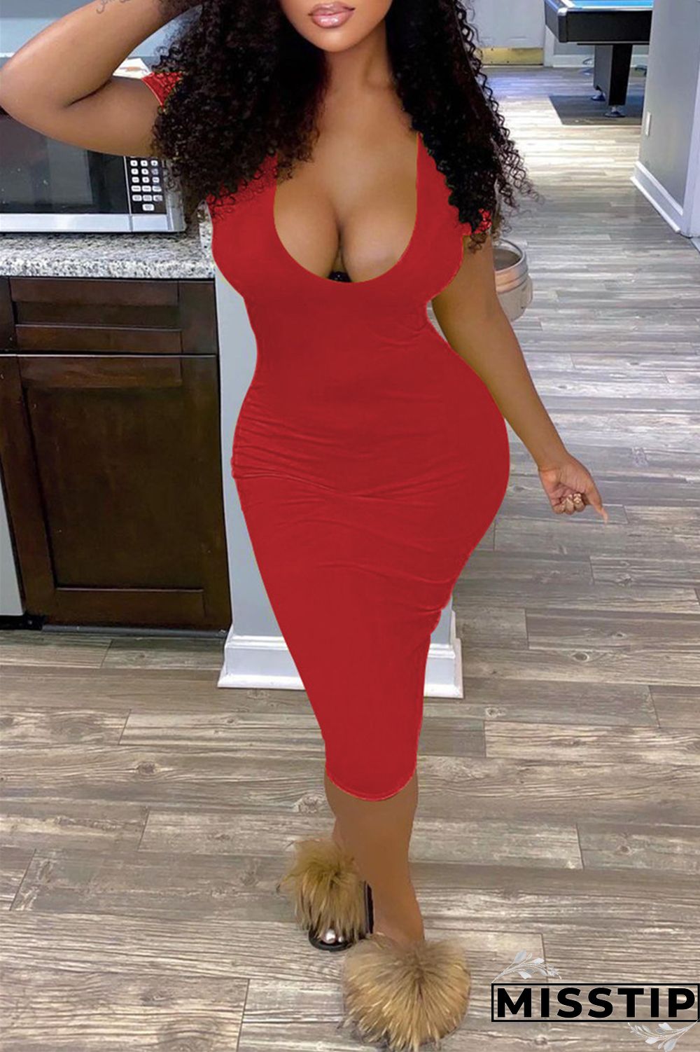 Orange Fashion Sexy Solid Basic V Neck Short Sleeve Dress