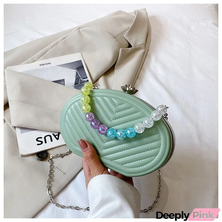 Women Fashion Oval Multicolor Beaded Chain Messenger Bag