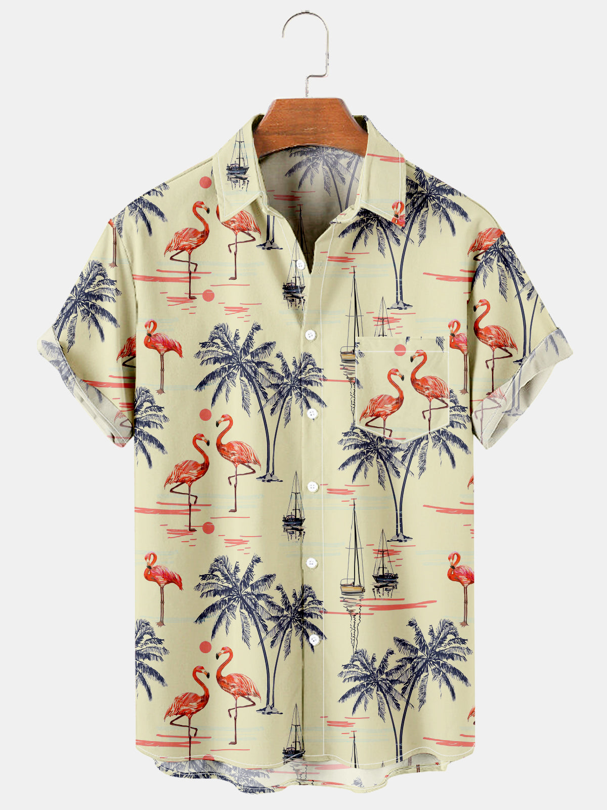 Men's Summer Vacation Resort Casual Coconut Flamingo Hawaiian Shirt with Pockets PLUSCLOTHESMAN