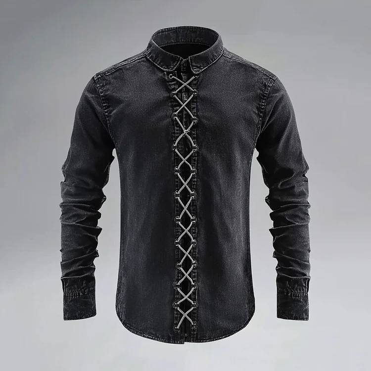 Men's Turndown Collar Long Sleeve Strappy Denim Shirt