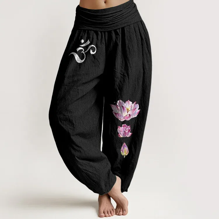Blooming Lotus Om Symbol Pattern Women's Elastic Waist Harem Pure Cotton Pants