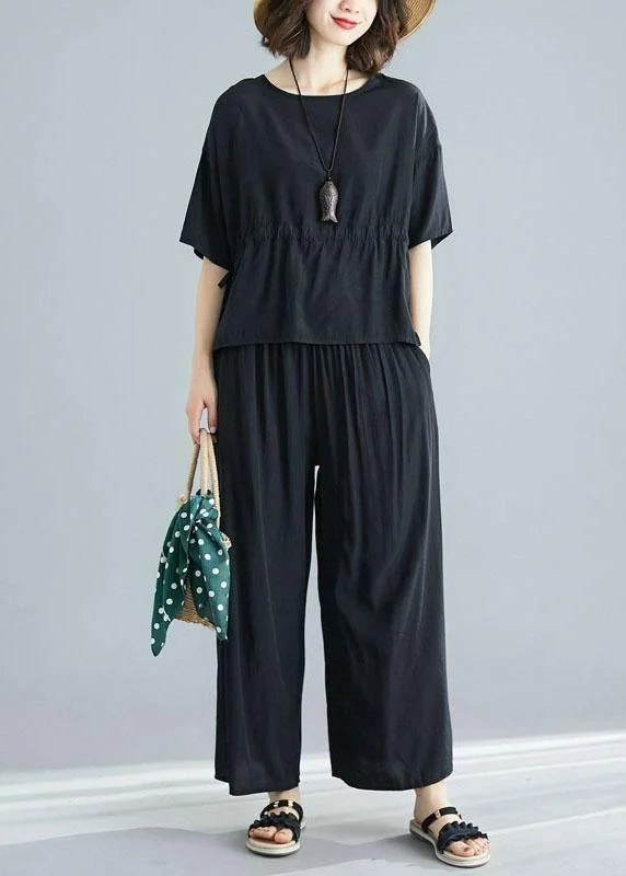 black summer short sleeve pullover and casual drawstring pants two pieces