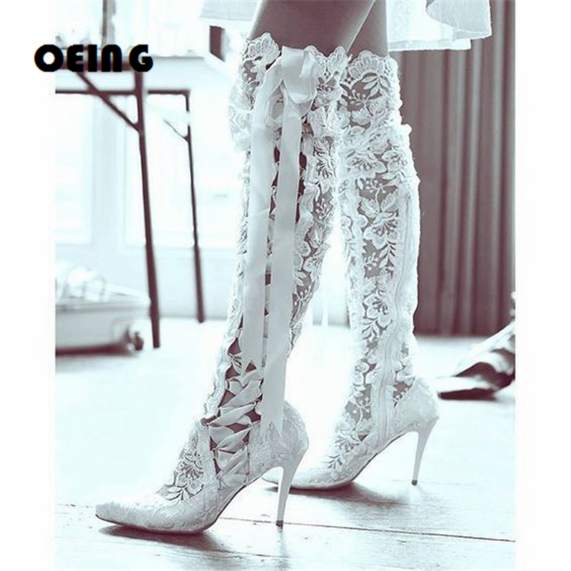 VCSHOES VCshoes Women White Lace Wedding Shoes Stiletto Heel Ribbon Lace-Up Knee High Boots Lace Embellishment Botas De Mujer 44