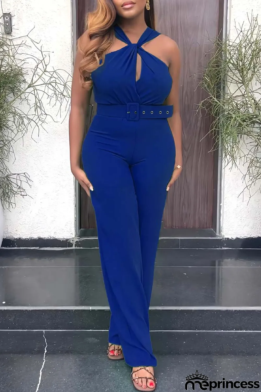 Blue Casual Solid Patchwork Backless With Belt V Neck Regular Jumpsuits