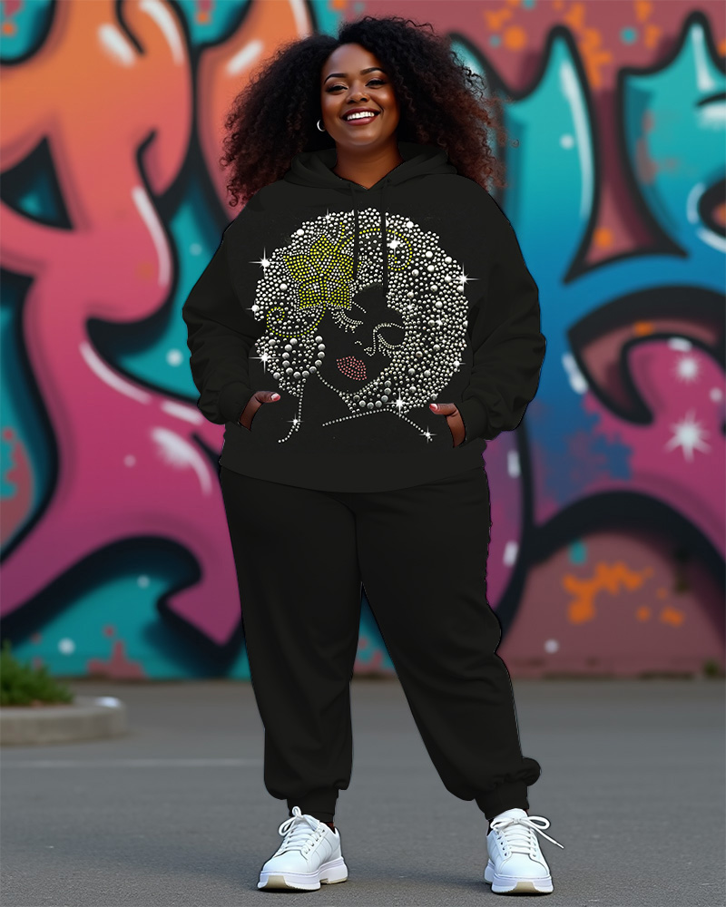Women's Plus Size Shiny Black Girl Two-Piece Set（Printed style, not rhinestones）