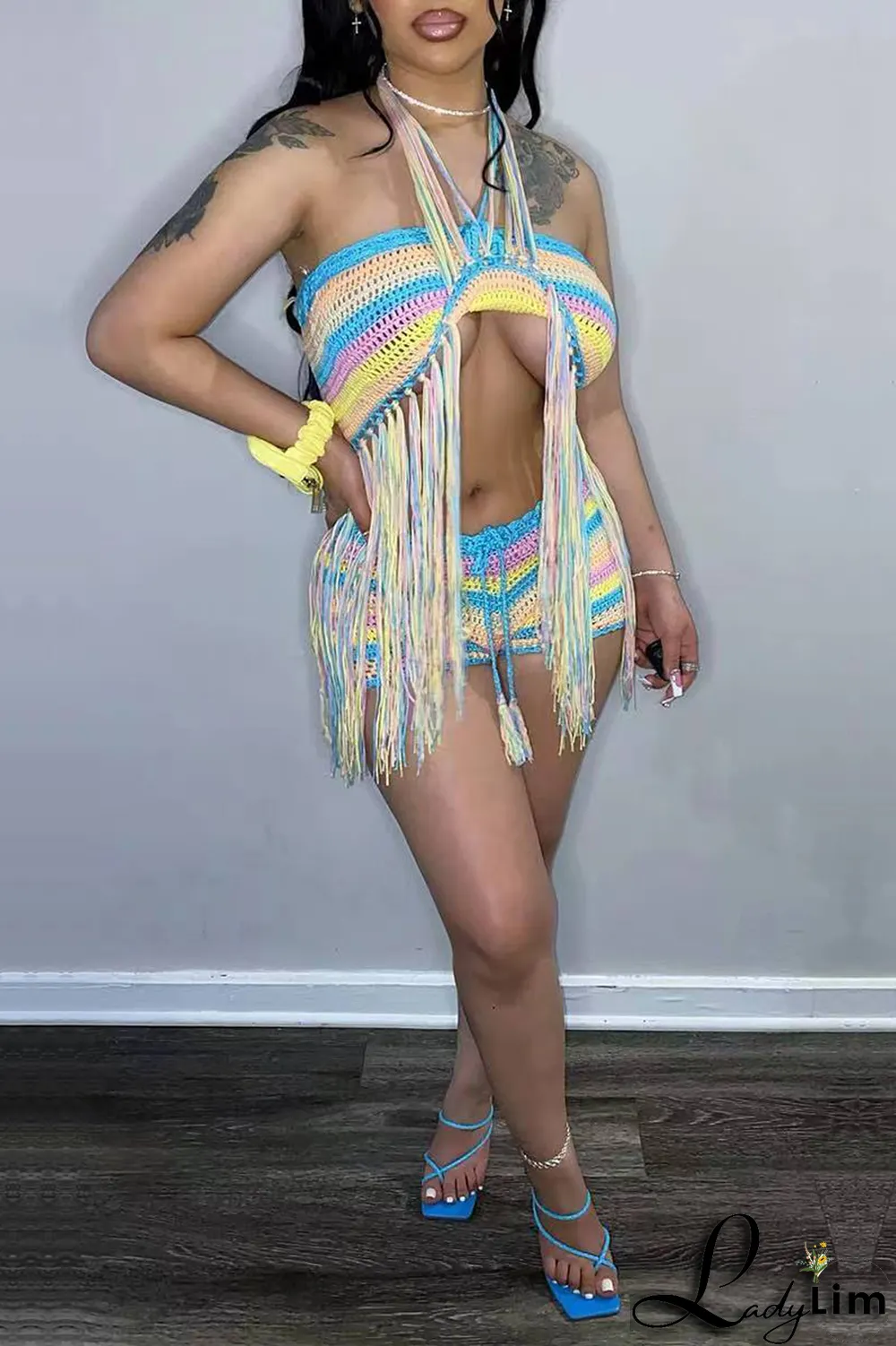Blue Sexy Patchwork Tassel Strapless Sleeveless Two Pieces