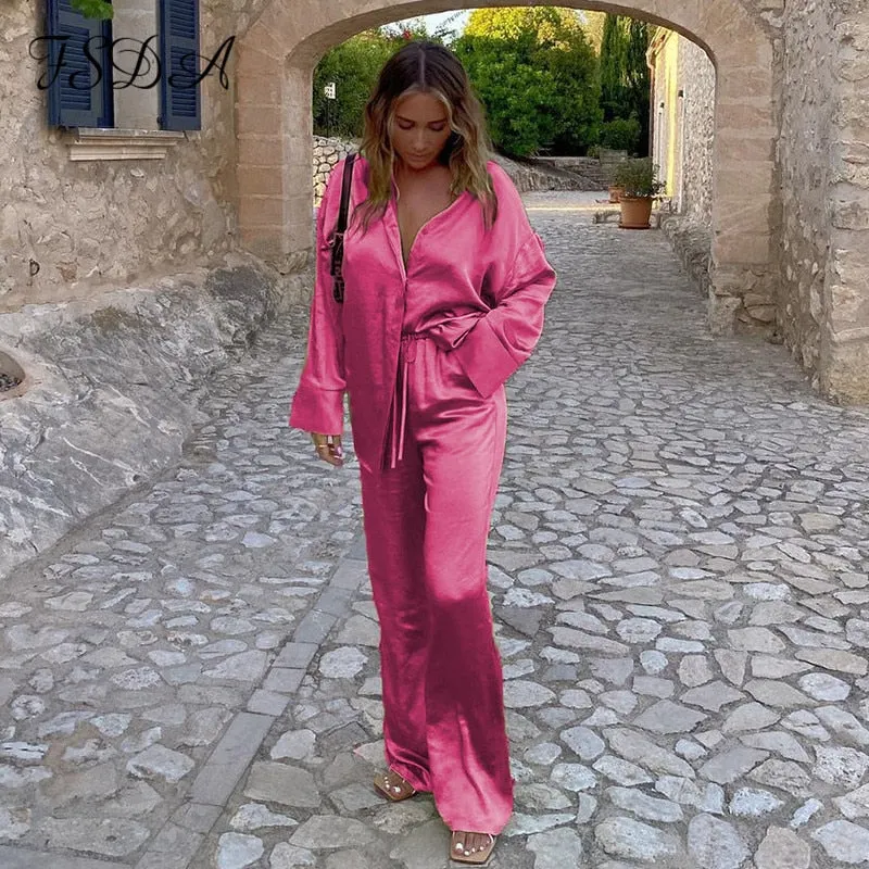FSDA 2021 Tracksuit Satin Women Long Sleeve Top Shirts And High Waist Pants Elegant Casual Two Piece Sets Green Party Outfits