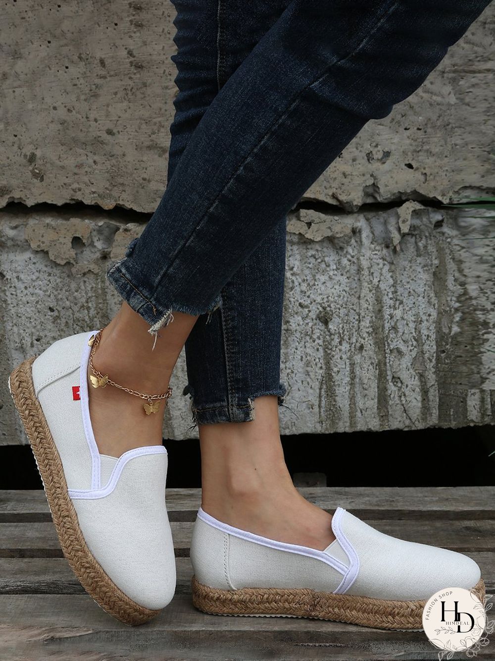 Black White Canvas Straw Platform Loafers