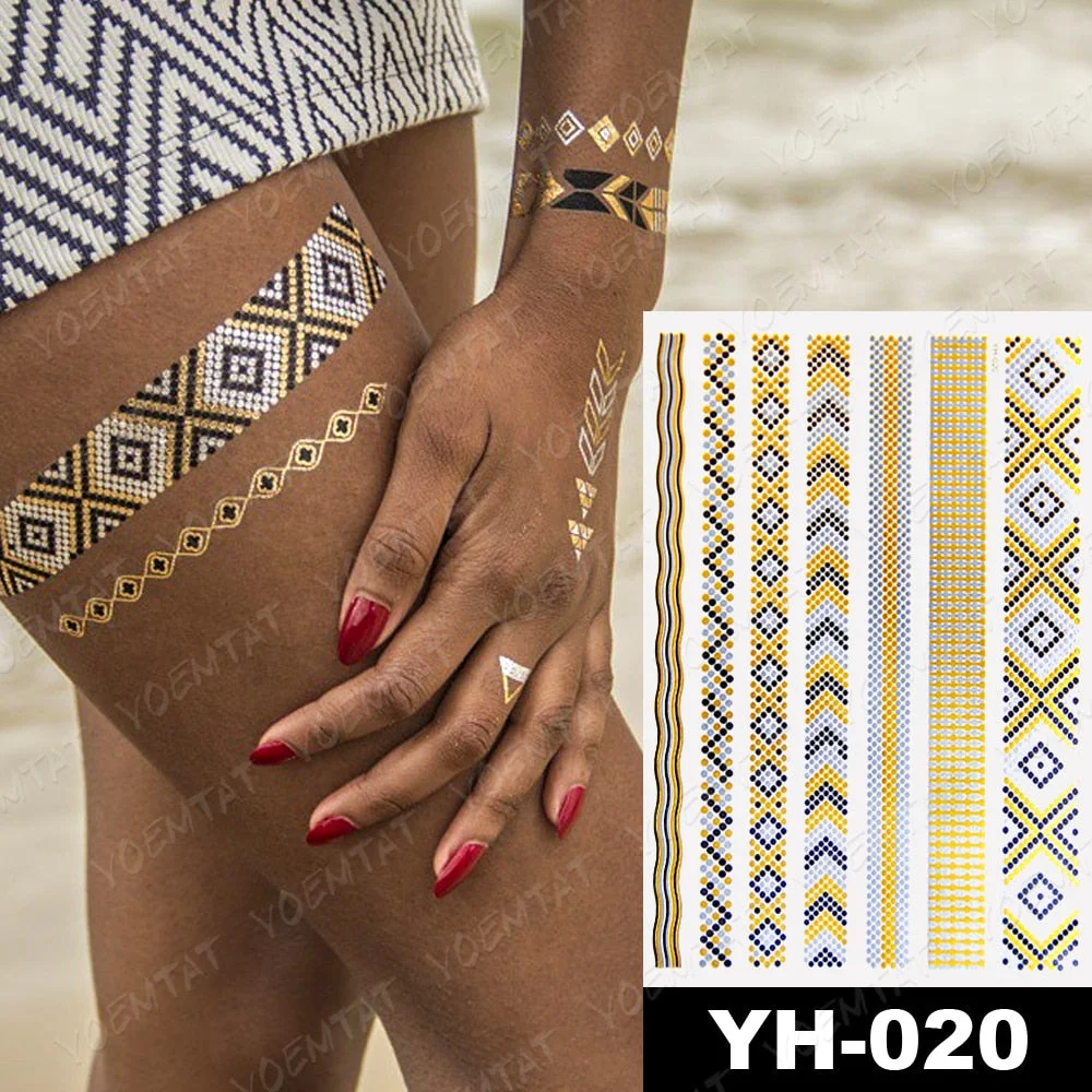 Waterproof Temporary Tattoo Sticker Gold Silver Henna Indian Hand Painted Glitter Tattoos Women Mandala Flower Feather Body Art