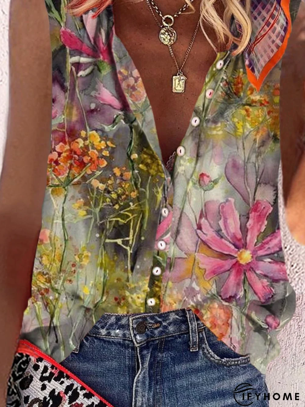 Casual Floral Sleeveless Stand Collar Printed Blouse | IFYHOME