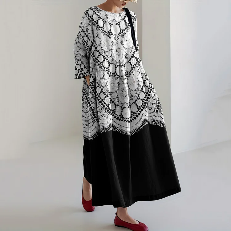 Utbros Elegant Retro Floral Lace Embroidered Linen Blend Maxi Dress