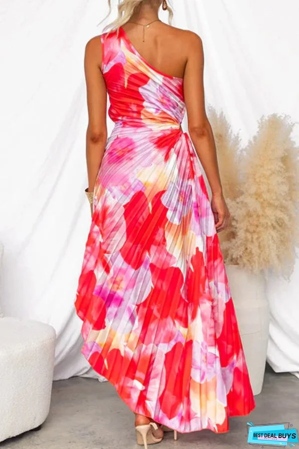 One Shoulder Sleeveless Print Asymmetric Maxi Pleated Dress