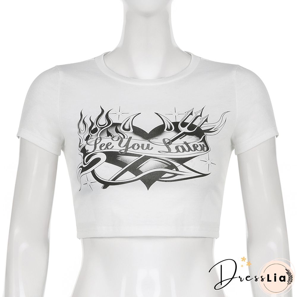 Heart Print T-Shirt Y2k Vintage Grunge Fairy Aesthetic Top Gothic Punk T-Shirts Women Summer Short Sleeve Anime Tee