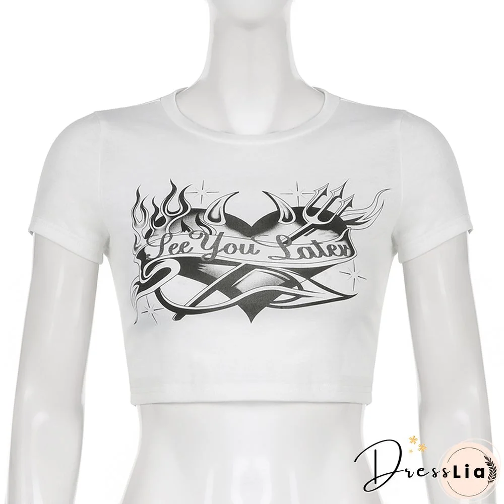 Heart Print T-Shirt Y2k Vintage Grunge Fairy Aesthetic Top Gothic Punk T-Shirts Women Summer Short Sleeve Anime Tee