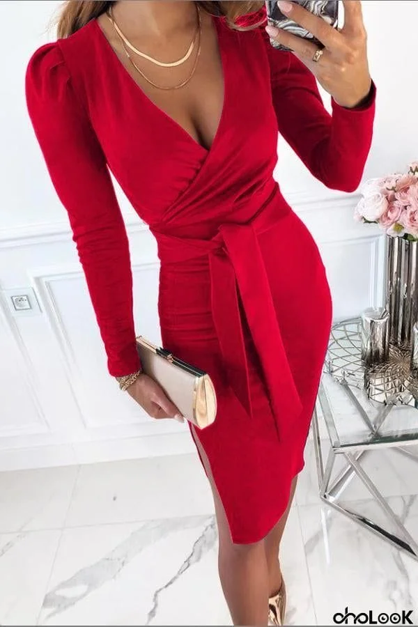 Tiw Waist Long Sleeve Wrap Slit Dress