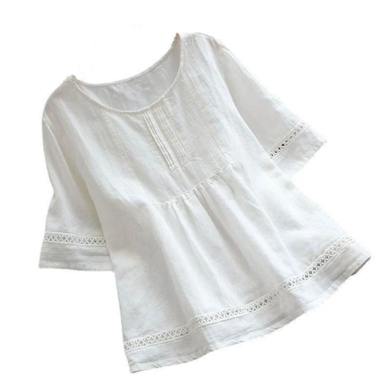 Uveng Summer Solid Color Cotton Linen Half Blouses