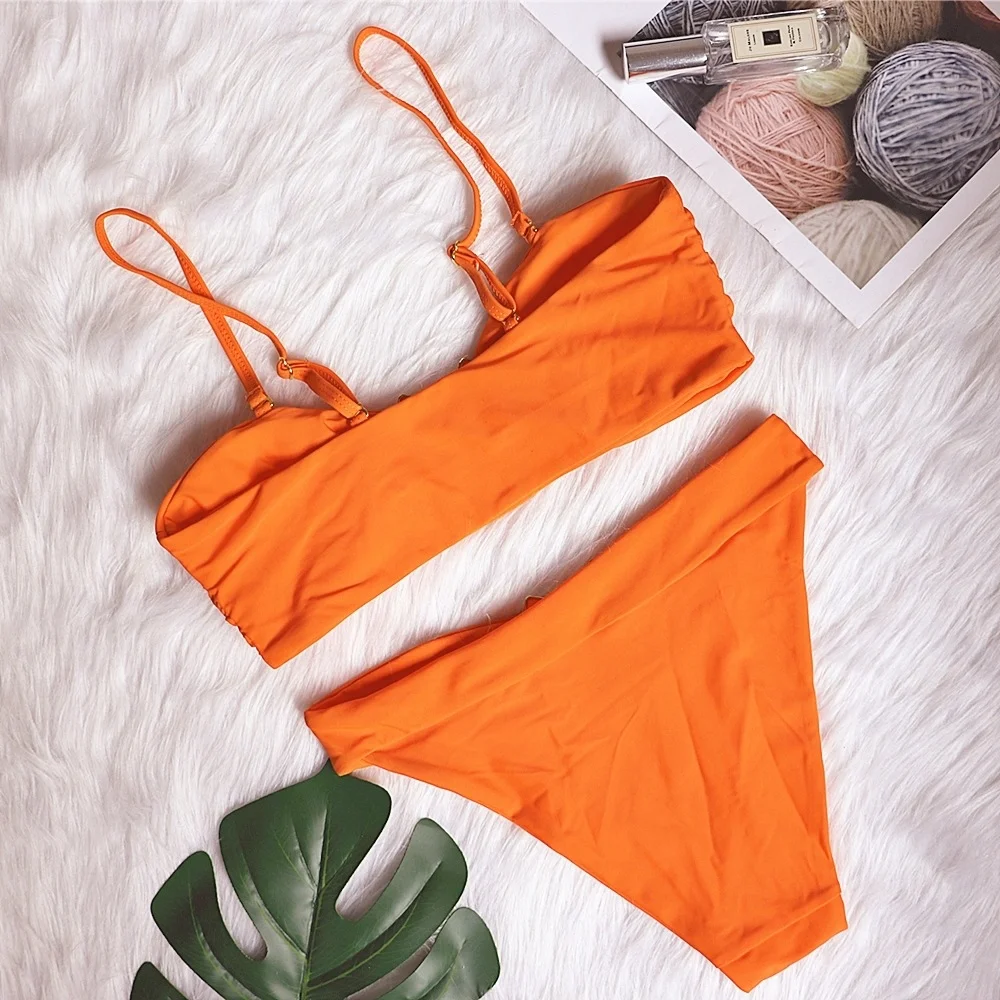Uveng Uveng New Sexy Swimsuit Metal Accessories Hollow Bikini Solid Color Strapless High Waist Women's Swimsuit