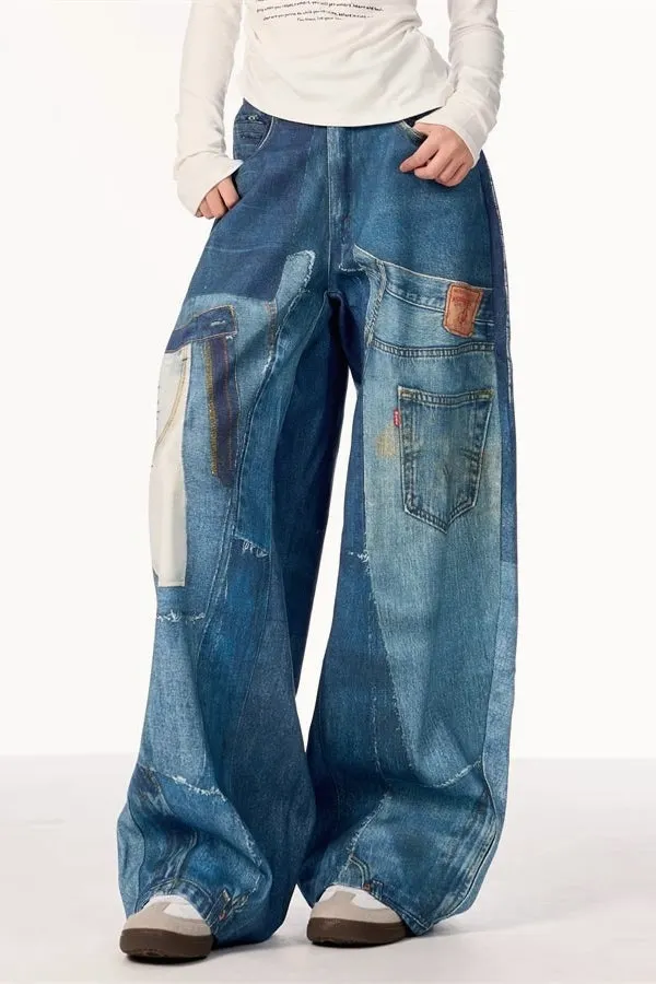 High Street Vintage Patchwork Print Wide-Leg Jeans