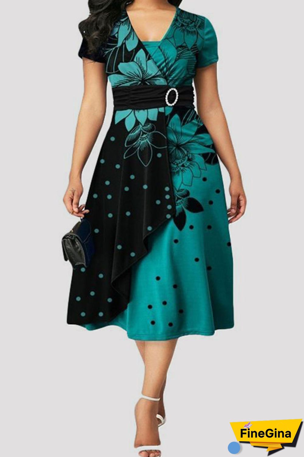 Black White Casual College Print Patchwork V Neck A Line Dresses