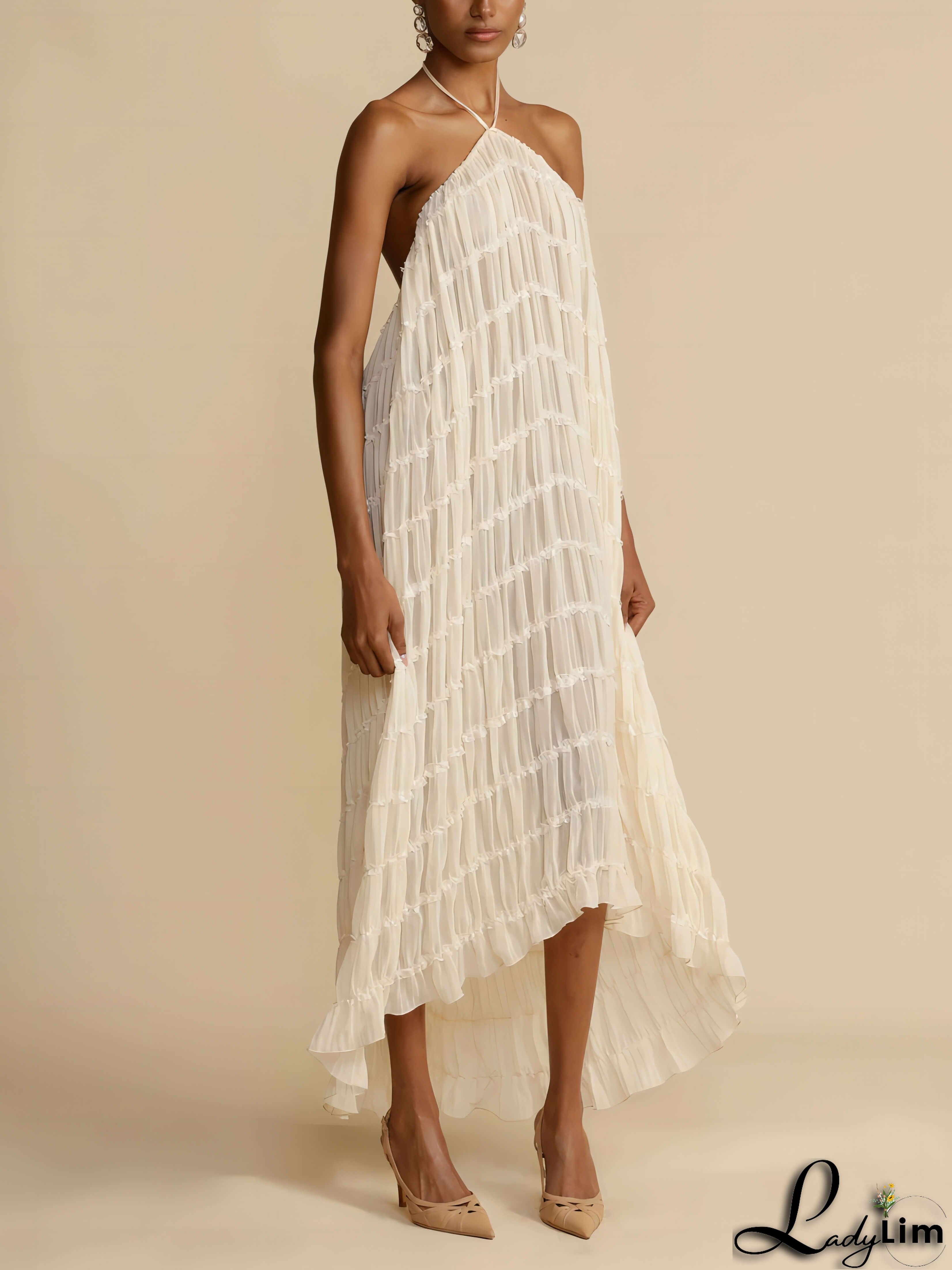 Charming Pleated Drawstring Waist Tiered Halterneck Midi Dress