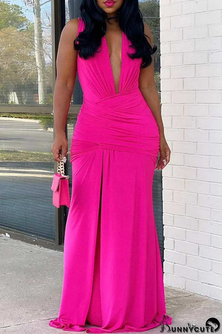 Pink Sexy Solid Patchwork Slit V Neck Long Dress Dresses