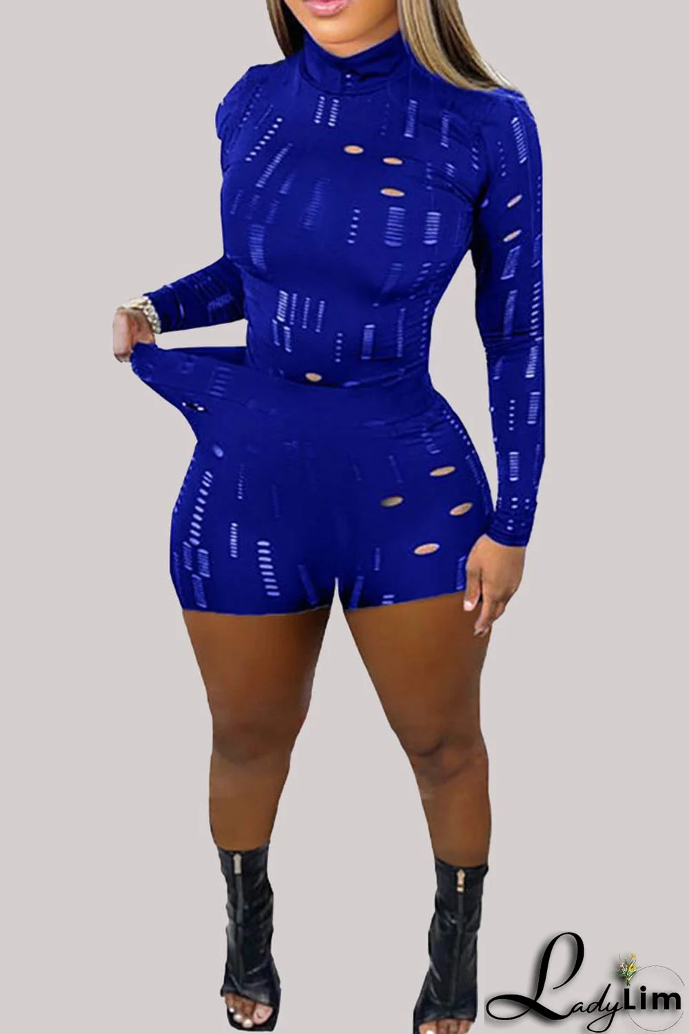 Black Fashion Sexy Solid Ripped Half A Turtleneck Long Sleeve Two Pieces