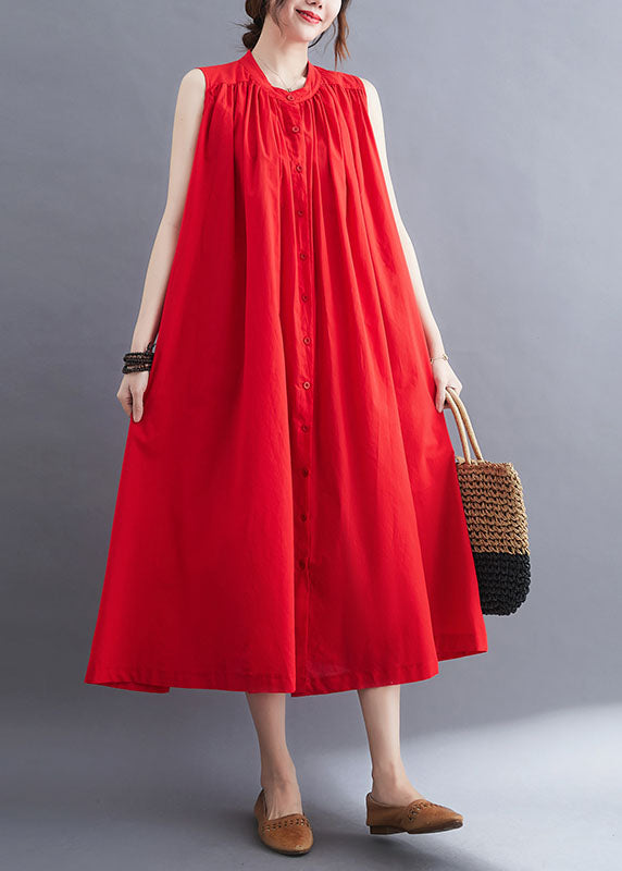VCSHOES Red O-Neck Wrinkled Cotton A Line Dresses Sleeveless