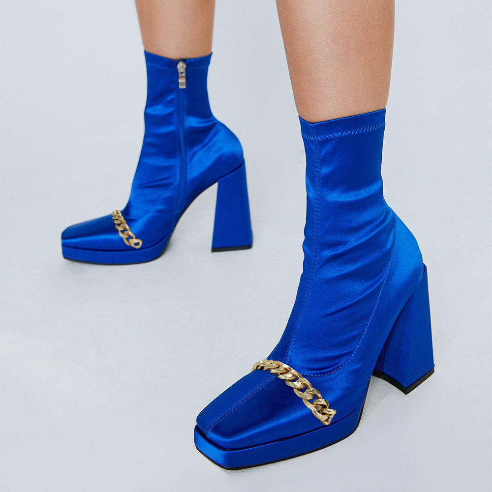 Blue Satin Square Toe Metal Chain Heeled Ankle Boots with Platform Nicepairs