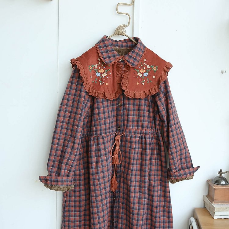 Queenfunky cottagecore style Double Layered Embroidered Collar Plaid Fleece Dress QueenFunky